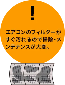 エアコンのフィルターがすぐ汚れるので掃除・メンテナンスが大変。